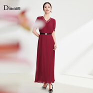 Ditto【商場(chǎng)同款】迪圖2025夏季雪紡連衣裙優(yōu)雅蕾絲花邊百褶裙紅色長(cháng)裙 酒紅色 M