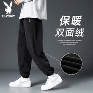 花花公子（PLAYBOY）褲子男秋冬季加絨保暖男士寬松休閑褲新款百搭雙面絨運動(dòng)束腳衛褲 2810-黑色(雙面絨) XL