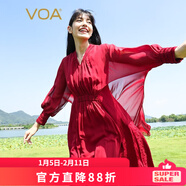 VOA真絲提花酒紅V領(lǐng)披肩式設計塔克褶腰線(xiàn)裝飾古風(fēng)淑女連衣裙 AE2331 落霞紅（H02） XL