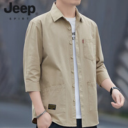JEEP SPIRIT春秋季新款男士中袖襯衫寬松帥氣工裝襯衣開(kāi)衫七分袖工作服上衣 卡其色 L