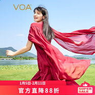 VOA真絲提花22姆米鏤空圓領(lǐng)釘珠披肩式假兩件古風(fēng)清秀連衣裙 AE2333 落霞紅（H02） S