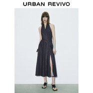 UR2025夏季新款女裝復古氛圍感掛脖露背牛仔連衣裙UWG850106 藍色 M