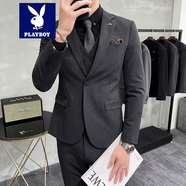 花花公子（PLAYBOY）輕熟風(fēng)休閑大碼西服套裝男韓版修身兩?？廴淄ㄇ谏虅?wù)小西裝潮 深灰色 【單西裝】 2XL (建議135-145斤內)