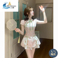 Memory粉色新中式國風(fēng)盤(pán)扣改良旗袍洋裝少女夏日開(kāi)叉短袖 旗袍裙+內搭褲裙 S