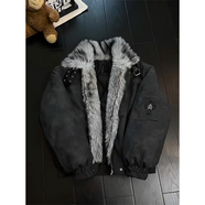 Shelley Jones美式pu皮狼王座山雕棉服男冬季加厚毛領(lǐng)外套廓形短款飛行夾克棉衣 黑灰色 XL [推薦120-140斤]