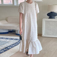 韓國chic法式甜美圓領(lǐng)立體褶皺泡泡棉寬松短袖荷葉邊魚(yú)尾連衣裙女 杏色 均碼 均碼