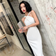 白色高級感名媛宴店晚禮服裙 中長(cháng)款修身連衣裙 韓版輕奢小眾設計 白色 XL