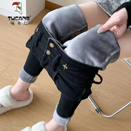 啄木鳥(niǎo)高腰加絨牛仔褲女秋冬季大碼2025年新款小腳修身顯瘦鉛筆褲緊身褲 黑色 【+絨長(cháng)褲】薄 輕薄 S 【建議90-100斤內】