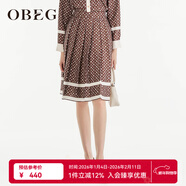 OBEG歐碧倩設計感時(shí)尚印花半裙春及膝減齡百褶裙出游穿搭10463036 沙褐色 S /160/36