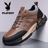花花公子男鞋戶(hù)外登山鞋男士運動(dòng)休閑鞋男厚底防滑耐磨休閑皮鞋子 棕色_四季款 40