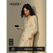 闊色（kuose）黑色v領(lǐng)內搭打底針織連衣裙女秋冬季新款長(cháng)袖毛衣小黑裙子 杏色9026 L