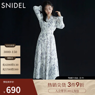 SNIDEL秋冬甜美碎花系帶收腰百褶雪紡連衣裙SWFO245033 淺藍色 S （0）