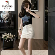 啄木鳥(niǎo)（TUCANO）時(shí)尚氣質(zhì)休閑牛仔半身裙短袖體恤套裝女夏季2025新款包臀裙兩件套 黑色短袖體恤+白色半身裙 S