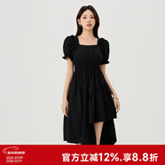 快魚(yú)方領(lǐng)泡泡袖新品連衣裙2024新款女夏不規則設計感收腰顯瘦氣質(zhì)長(cháng)裙 黑色 M