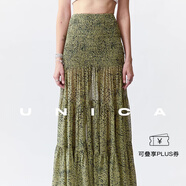 UNICA/精致復古_桑蠶絲喬其干爽飄逸巴黎豹司馬克連衣裙半裙 【豹紋綠】半身裙100%桑蠶絲 XS 【現貨48小時(shí)發(fā)】