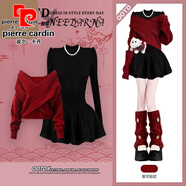 皮爾卡丹（pierre cardin）跨年穿搭紅色連衣裙秋裝2025年新款小香風(fēng)新年戰袍毛衣裙套裝 紅色交叉毛衣+黑色蓬蓬裙秋裝搭配一整套/早秋穿搭套裝 XL 115-130