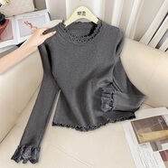 她池雙層木耳邊圓領(lǐng)針織衫女2026春裝新款蕾絲拼接長(cháng)袖打底衫