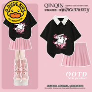 G.duck女童夏季Polo衫套裝中大童洋氣卡通線(xiàn)條小狗印花t恤百褶裙兩件套 黑色Polo衫+粉色短裙 170 cm