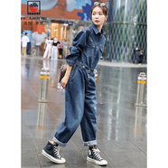 AEMAPE洋氣高腰牛仔連體褲套裝女2025秋冬新款寬松磨白休閑工裝連衣褲春 牛仔藍 L 100-110斤