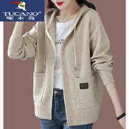 啄木鳥(niǎo)（TUCANO）連帽開(kāi)衫外套女2025春秋新款韓版時(shí)尚外搭拉鏈毛衣帶帽針織羊毛衫 米色 S 建議80-95斤左右