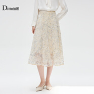 Ditto/迪圖【四季百搭】新款睡蓮紗繡花優(yōu)雅半身裙顯瘦舒適A字裙 淺杏色 S