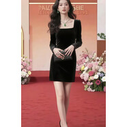 小紅書(shū)爆款明星同款秋季上新修身顯瘦氣質(zhì)高級感方領(lǐng)主持人禮服黑 黑色短款 XS80~90斤左右 均碼