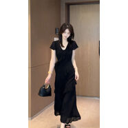 歐貨洋裝女2025夏新款氣質(zhì)V領(lǐng)女神范修身顯瘦長(cháng)版荷葉邊裙 黑色 L L90-105斤