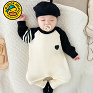 G.duck嬰兒連體衣秋季新款寶寶長(cháng)袖拼接哈衣秋冬裝新生兒爬行服外穿洋氣 米白色 66cm