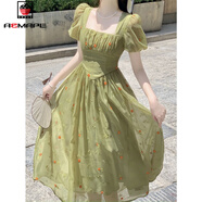 AEMAPE刺繡碎花綠色連衣裙女2026夏季新品氣質名媛高級感法式顯瘦中長裙 Hi【刺繡歐根紗】 M