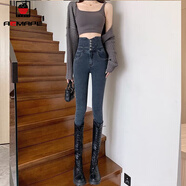 AEMAPE牛仔褲女2025春秋冬季新款加絨排扣高腰小腳三?？蹥赓|(zhì)顯瘦休閑 藍灰色單款  XL _建議121-135斤