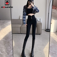 AEMAPE牛仔褲女2025春秋冬季新款加絨排扣高腰小腳三?？蹥赓|(zhì)顯瘦休閑 黑色單款  M _建議96-107斤