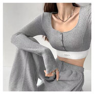 歐美風(fēng)格性感緊身修身短款高腰露臍長(cháng)袖t恤性感夏裝女式底褲襯衫 淺灰色 長(cháng)袖 S