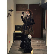 三吉黑花【琳瑯】新中式釘珠繡花絲絨秋冬季連衣裙新年戰袍長(cháng)裙子 黑金 M