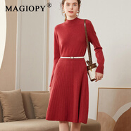 MAGIOPY高端品牌秋冬新款半高領(lǐng)中長(cháng)款羊絨衫連衣裙女顯瘦針織A字裙傘裙 車(chē)厘子紅 M