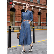 AEMAPE牛仔連衣裙女中長(cháng)款2025春秋冬季新款休閑時(shí)尚氣質(zhì)收腰顯瘦襯衫裙 牛仔藍 L 推薦 110-120斤