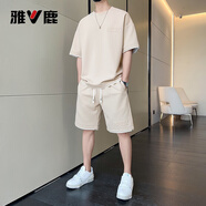 雅鹿短袖T恤男套裝男士夏季冰絲上衣服潮牌寬松華夫格短褲運動(dòng)半袖男 T01米白 XL 【135-155斤】