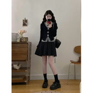 歌弗婭大碼胖mm秋季新款假兩件顯瘦蝴蝶結長(cháng)袖上衣百褶半身裙時(shí)尚套裝女 短款 L