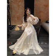 三吉黑花【上喜】新中式蕾絲網(wǎng)紗秋冬裝連衣裙子連身長(cháng)裙超好看的 米白 XS