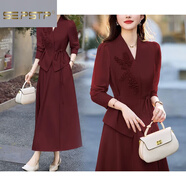 夏典素訂女王（SE.PSTP）秋季套裝裙2025早秋一整套氣質(zhì)長(cháng)袖新款兩件套連衣裙遮肉顯瘦 安可拉紅 葡萄紅 2XL 建議133-148斤