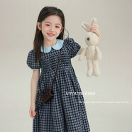 UTOUTO大耳象女童撞色翻領(lǐng)打攬格子裙2026春季娃娃領(lǐng)連衣裙子潮2533017 藏藍格 120