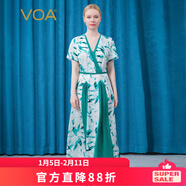 VOA真絲暗紋提花白底青石V領(lǐng)短袖立體麻花辮裝飾桑蠶絲連衣裙 AE891 白底青石 L