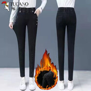 啄木鳥(niǎo)（TUCANO）羊羔絨松緊腰牛仔褲女彈力大碼修身鉛筆褲胖mm顯瘦高腰加絨小腳褲 黑色【+絨】薄 輕薄 26