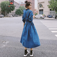 AEMAPE法式復古牛仔連衣裙女春秋冬季2025新款氣質(zhì)高級感襯衫連身長(cháng)裙子 牛仔藍 M 推薦 105-125斤