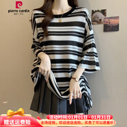 皮爾卡丹大碼抽繩條紋冰絲短袖T恤女夏季設計感胖MM寬松蝙蝠衫中長(cháng)款上衣 圖片色 M 85-105斤