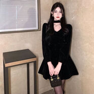 Radinka2025秋冬新款法式掛脖短裙年會(huì )禮服連衣裙女絲絨復古紅色長(cháng)袖裙子 黑色 L