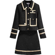 羅蒙（ROMON）2026年冬季富家千金感氣質(zhì)名媛高端小香風(fēng)黑色毛呢裙子套裝女 黑色亮片套裝有里布 S 【建議95斤以下】