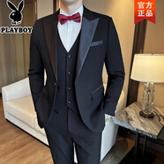 花花公子（PLAYBOY）新郎西裝男套裝結婚高級感塔士多禮服韓版商務(wù)休閑雙排扣西服外套 TZ914黑色（西裝+馬甲+西褲） 送白襯衫-領(lǐng)帶 L 建議體重115-125斤