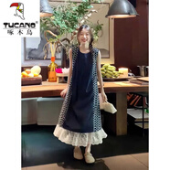 啄木鳥(niǎo)（TUCANO）胖mm大尺碼300斤韓系設計感假兩件無(wú)袖連衣裙復古蕾絲拼接長(cháng)裙女 假兩件胖mm內搭歐美高端 L 建議80-120斤