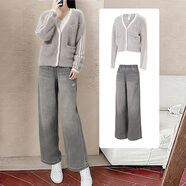 阿迪達斯（adidas）三葉草套裝女 開(kāi)衫休閑針織外套上衣 牛仔長(cháng)褲寬松舒適直筒褲子 KT3170+KC5839 XS