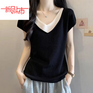 啄木鳥(niǎo)（TUCANO）大尺碼假兩件正肩冰絲短袖t恤女夏季新款胖m妹遮肚子洋氣v領(lǐng)針織 DX1783#黑色 XL 建議115-130斤